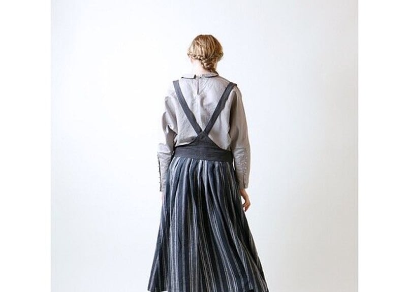 SK33CH フレンチストライプリネン・サスペンダースカート/チャコール  