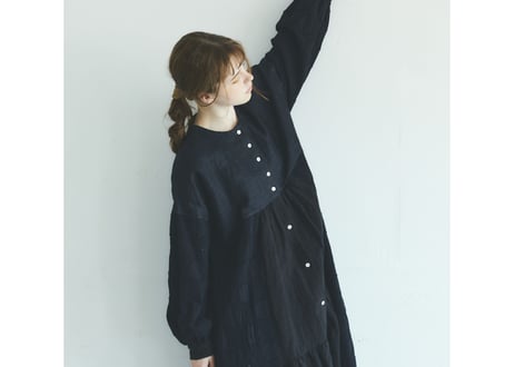 OP162BK  コットンリネン・ドット・ ミックス・ワンピース／ブラック （MAGALI）