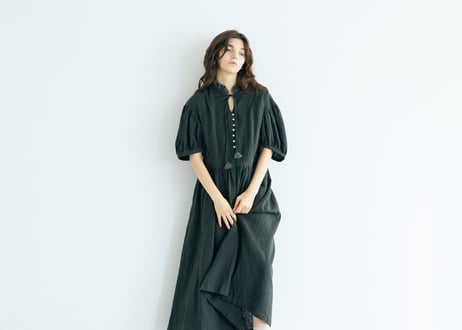 OP202CH　 リネンコットンストライプ・アンティークワンピース／チャコール（MAGALI）