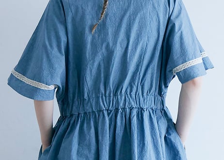 OP194BL　コットンリネン・ファナージュ・クラシックワンピース／ブルー（MAGALI）