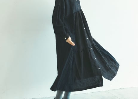 OP162BK  コットンリネン・ドット・ ミックス・ワンピース／ブラック （MAGALI）
