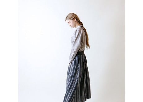 SK33CH フレンチストライプリネン・サスペンダースカート/チャコール（MAGALI）