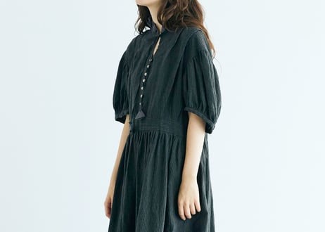 OP202CH　 リネンコットンストライプ・アンティークワンピース／チャコール（MAGALI）