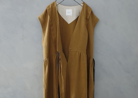 OP173BR ブラッシュドベルギーリネン・カシュクール風・ワンピース ／ブリックブラウン（MAGALI）