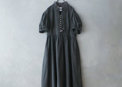 OP202CH　 リネンコットンストライプ・アンティークワンピース／チャコール（MAGALI）