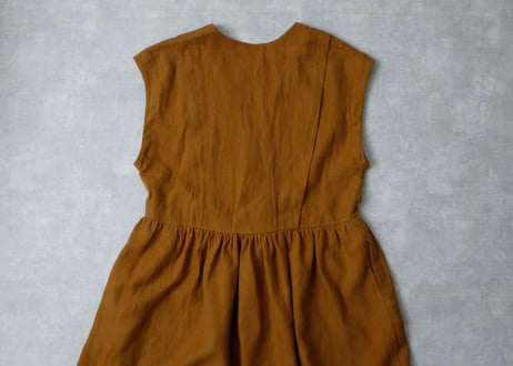 OP173BR ブラッシュドベルギーリネン・カシュクール風・ワンピース ／ブリックブラウン（MAGALI）