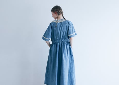 OP194BL　コットンリネン・ファナージュ・クラシックワンピース／ブルー（MAGALI）
