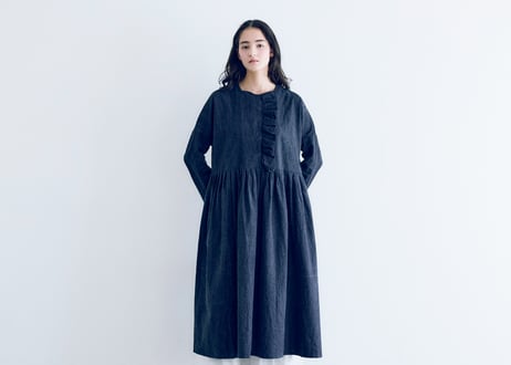 OP198NY  インディゴコットンリネン・フリルワンピース／ネイビーストライプ（MAGALI）