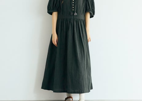 OP202CH　 リネンコットンストライプ・アンティークワンピース／チャコール（MAGALI）