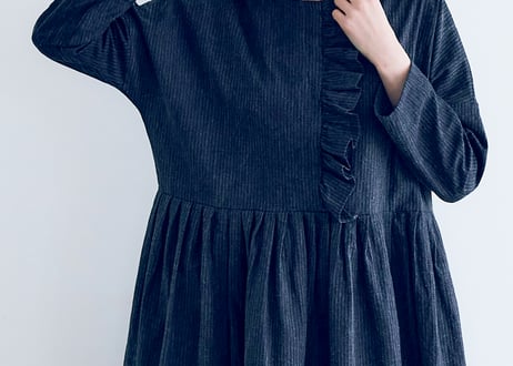 OP198NY  インディゴコットンリネン・フリルワンピース／ネイビーストライプ（MAGALI）