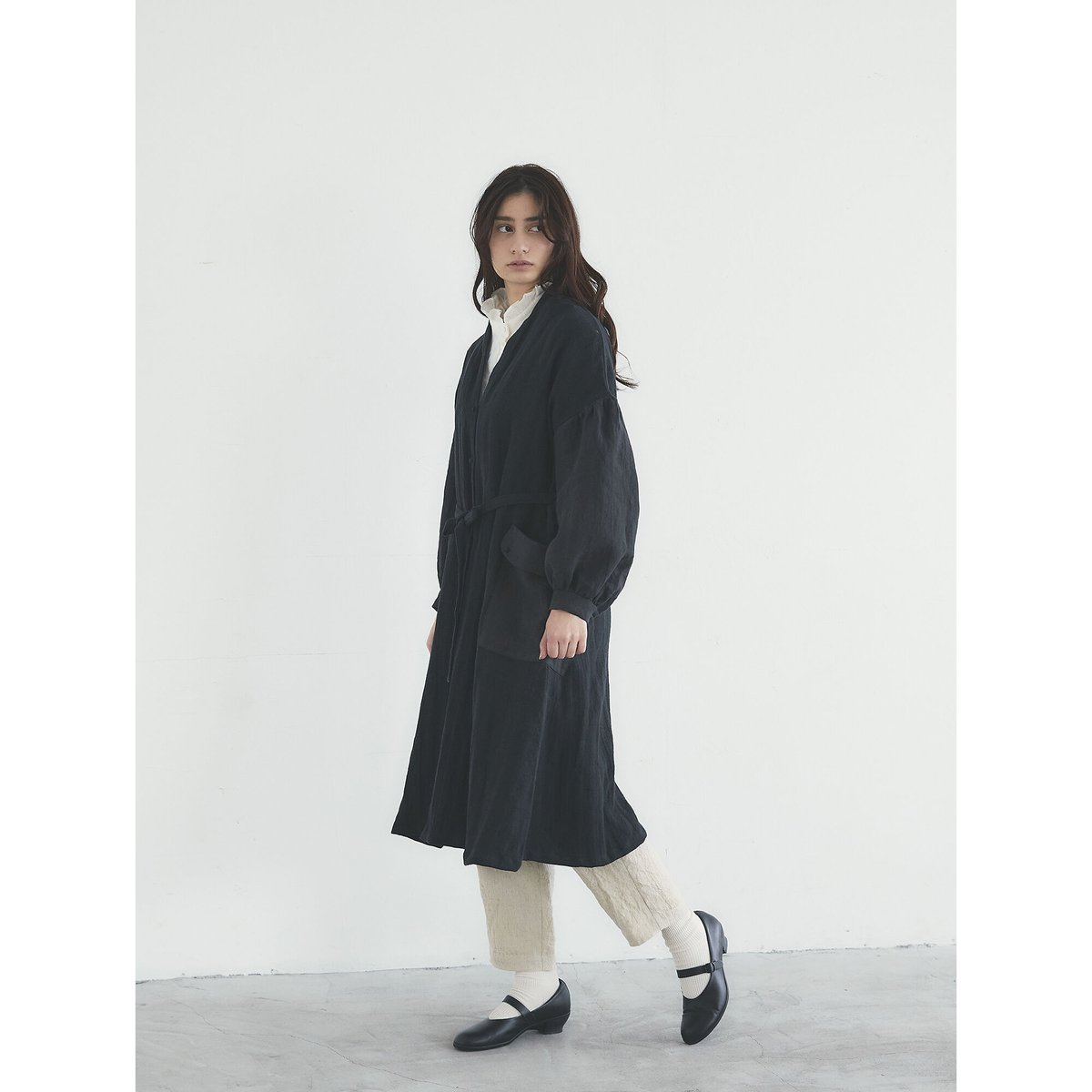 MAGALI タグ付 ヘリボーンリネンローブコート ワンピース 2way 麻 OP166BK ヘリンボーンリネン・ローブコート／ブラック（MAGALI