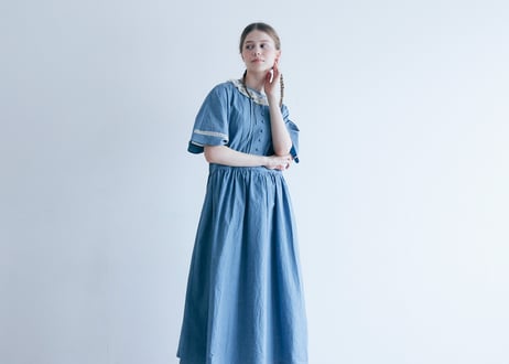 OP194BL　コットンリネン・ファナージュ・クラシックワンピース／ブルー（MAGALI）