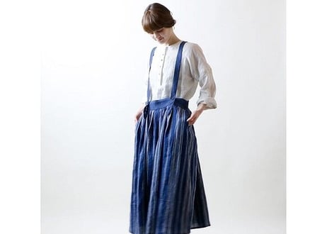 SK33NY フレンチストライプリネン・サスペンダースカート/ネイビー（MAGALI）