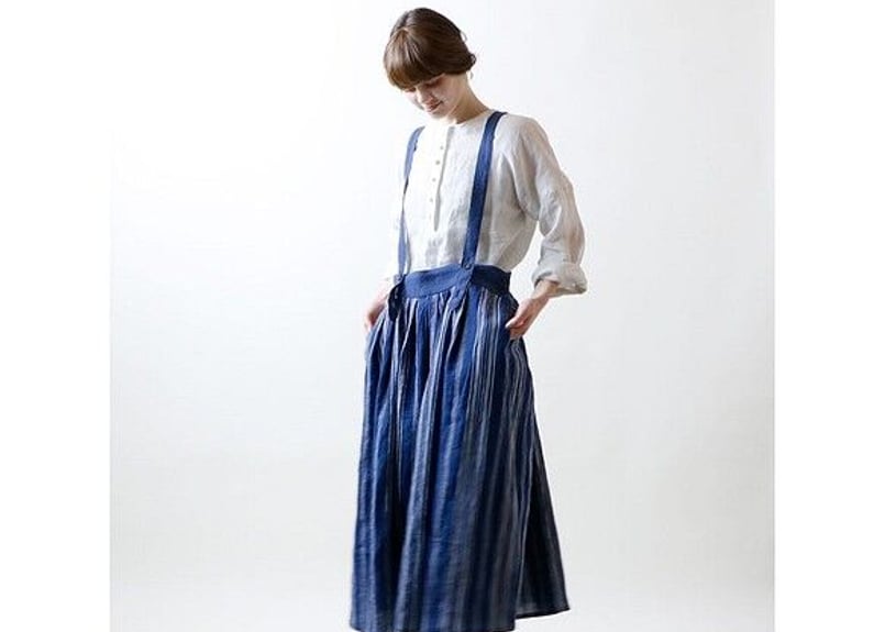 SK33NY フレンチストライプリネン・サスペンダースカート