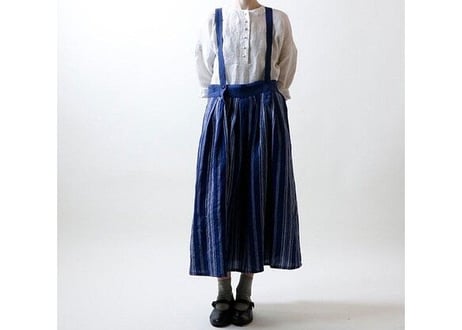 SK33NY フレンチストライプリネン・サスペンダースカート/ネイビー（MAGALI）