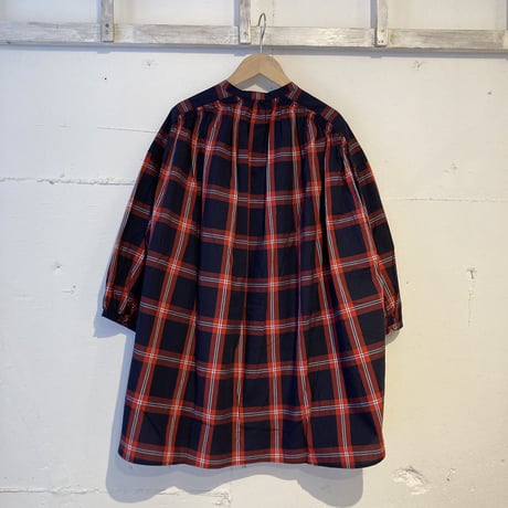 UNIVERSAL TISSU コットンチェック ギャザーシャツブラウス ネイビーチェック