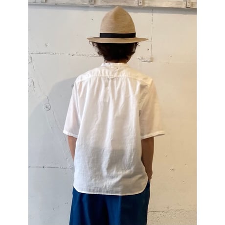 NATURAL LAUNDRY シャンブレー半袖ファーマーシャツ オフワイドストライプ