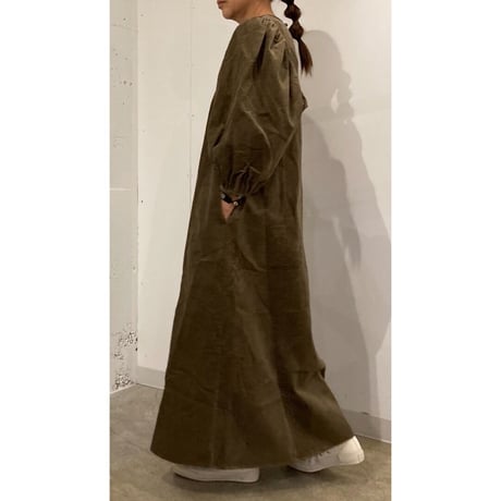 GALERIE TISSU リサイクルコーデュロイ ギャザースリーブワンピース チャコール
