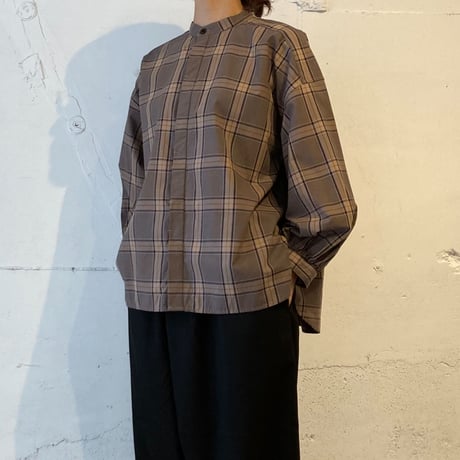 UNIVERSAL TISSU 先染めチェック パフスリーブブラウス モカチェック