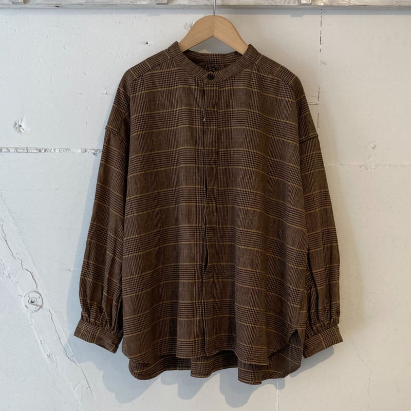 ブラウン系チェック パフスリーブブラウス