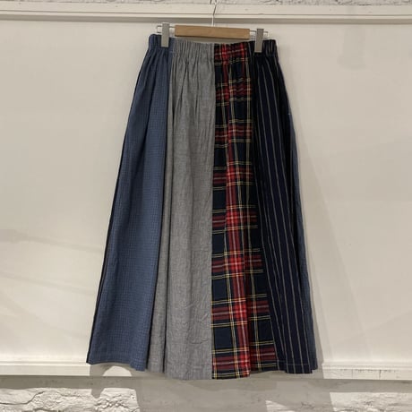 NATURAL LAUNDRY パネル シャーリングスカート グレー×ブルー