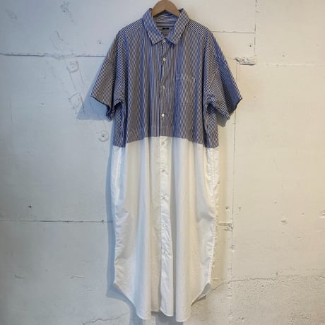 TISSU タイプライター ウエストタック切替ロングシャツ  ネイビーストライプ