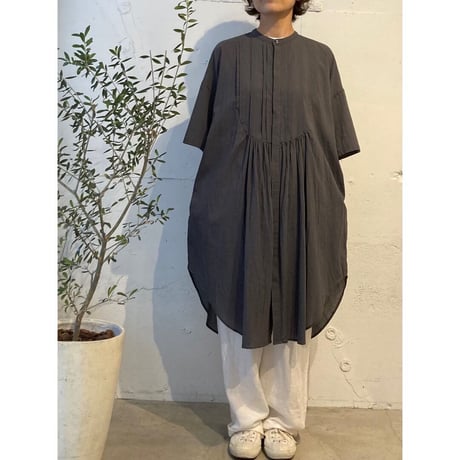 GALERIE TISSU オーガニックジョーゼット ハーフスリーブ クラシックシャツ チャコール