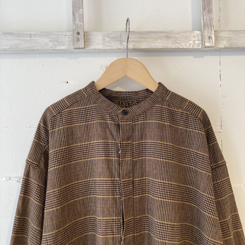 ブラウン系チェック パフスリーブブラウス