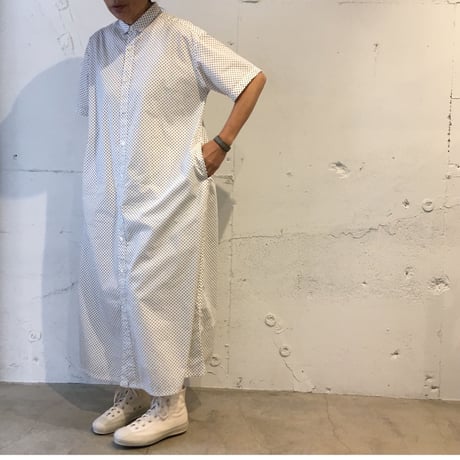 NATURAL LAUNDRY ブロード ロングシャツワンピース　ネイビー×白ドット