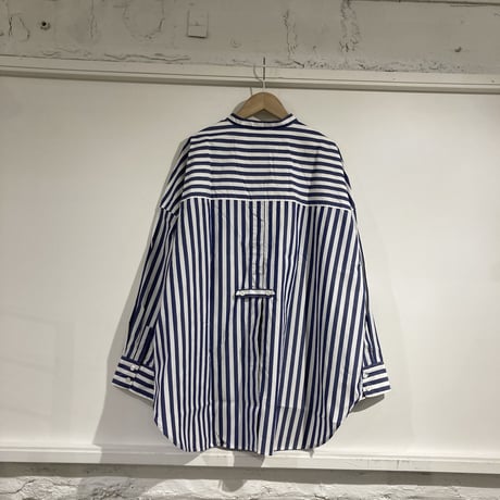 UNIVERSAL TISSU バンドカラースウィングポケットシャツ ネイビーストライプ