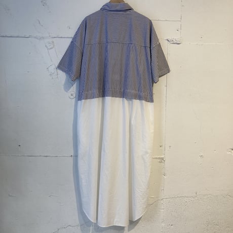 TISSU タイプライター ウエストタック切替ロングシャツ  ネイビーストライプ