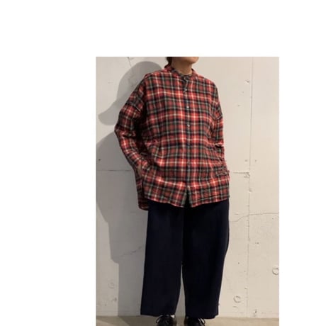UNIVERSAL TISSU ネルチェック バンドカラーシャツ アカチェック