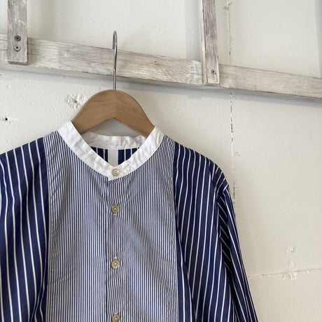 NATURAL LAUNDRY ブロード クレリックパネルシャツ ネイビーストライプ
