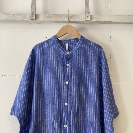 NATURAL LAUNDRY 先染めリネン ドルマンワンピース　ブルーストライプ