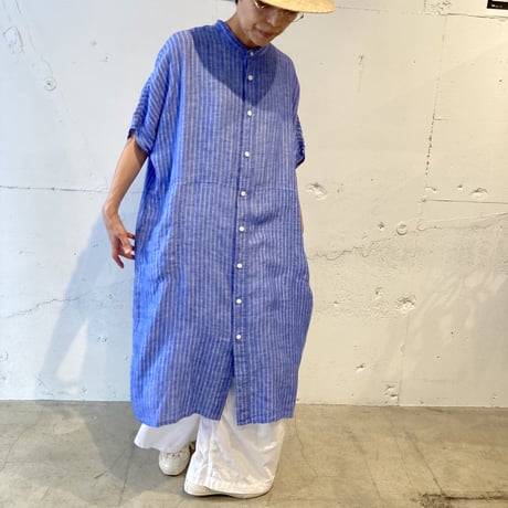 NATURAL LAUNDRY 先染めリネン ドルマンワンピース　ブルーストライプ