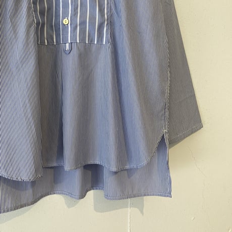 NATURAL LAUNDRY ブロード クレリックパネルシャツ シロ×ブルーストライプ
