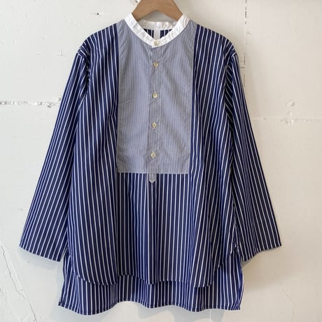 NATURAL LAUNDRY ブロード クレリックパネルシャツ ネイビーストライプ