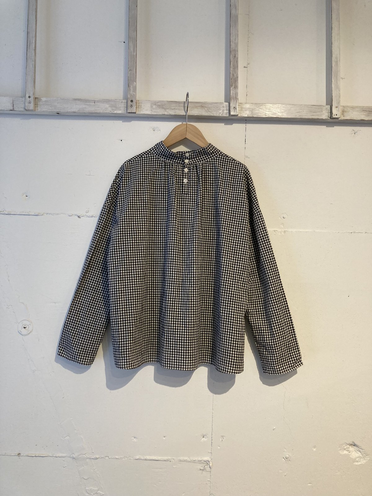 未使用　grin モノトーンチェック　ウールオーバーワイドシャツ　バンドカラー 未使用 grin モノトーンチェック ウールオーバーワイドシャツ バンド