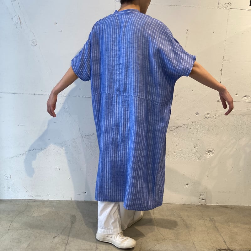 NATURAL LAUNDRY 先染めリネン ドルマンワンピース サックスストライプ