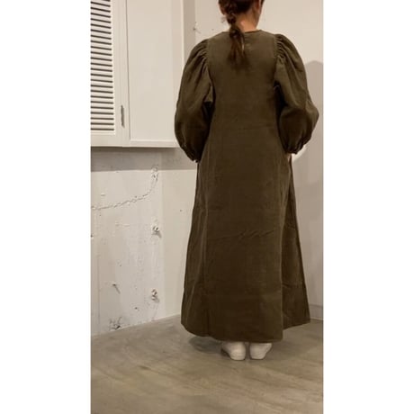 GALERIE TISSU リサイクルコーデュロイ ギャザースリーブワンピース カーキ