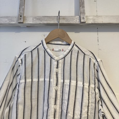 NATURAL LAUNDRY シャンブレー半袖ファーマーシャツ オフワイドストライプ