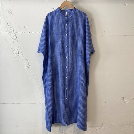 NATURAL LAUNDRY 先染めリネン ドルマンワンピース　ブルーストライプ