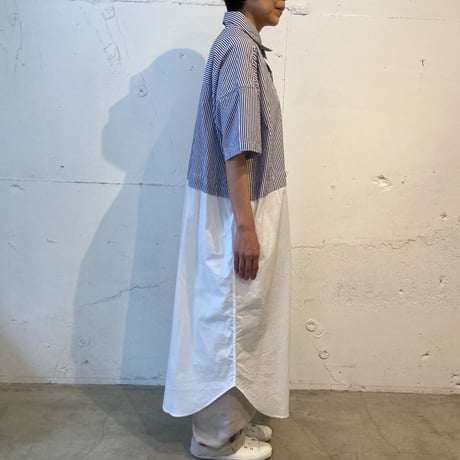 TISSU タイプライター ウエストタック切替ロングシャツ  ネイビーストライプ
