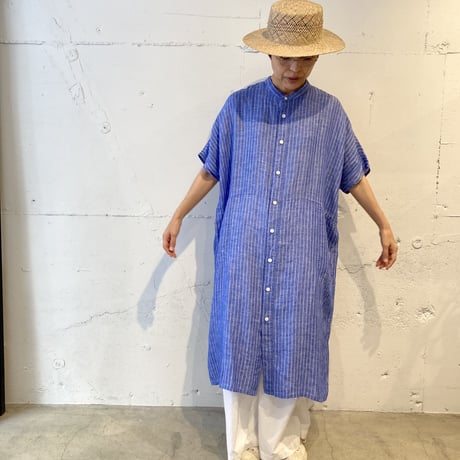 NATURAL LAUNDRY 先染めリネン ドルマンワンピース　ブルーストライプ