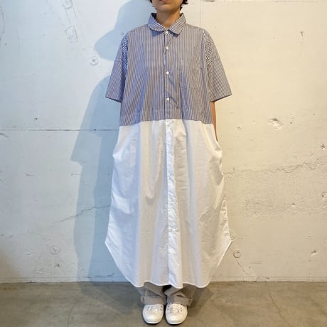 TISSU タイプライター ウエストタック切替ロングシャツ  ネイビーストライプ