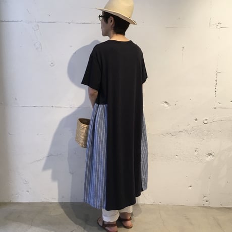 NATURAL LAUNDRY 脇ギャザーパネルワンピース ネイビー