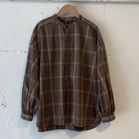 UNIVERSAL TISSU 先染めチェック パフスリーブブラウス モカチェック