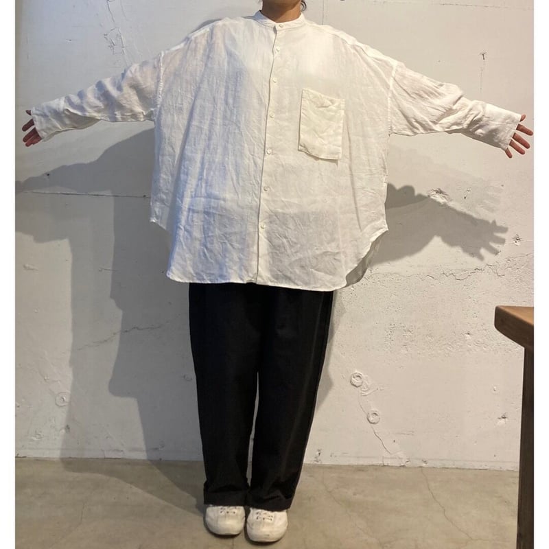 UNIVERSAL TISSU トリプルワッシャーリネン バンドカラーシャツ キナリ