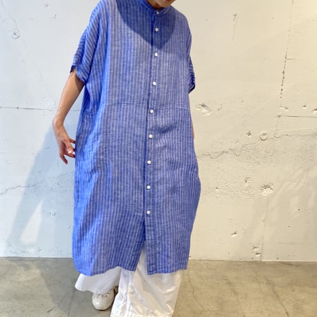 NATURAL LAUNDRY 先染めリネン ドルマンワンピース　シロストライプ