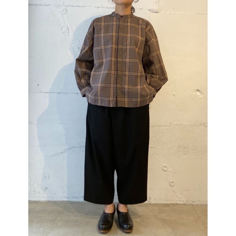 ブラウン系チェック パフスリーブブラウス